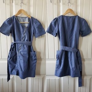 Denim dress with diagonal zipper and waist tie